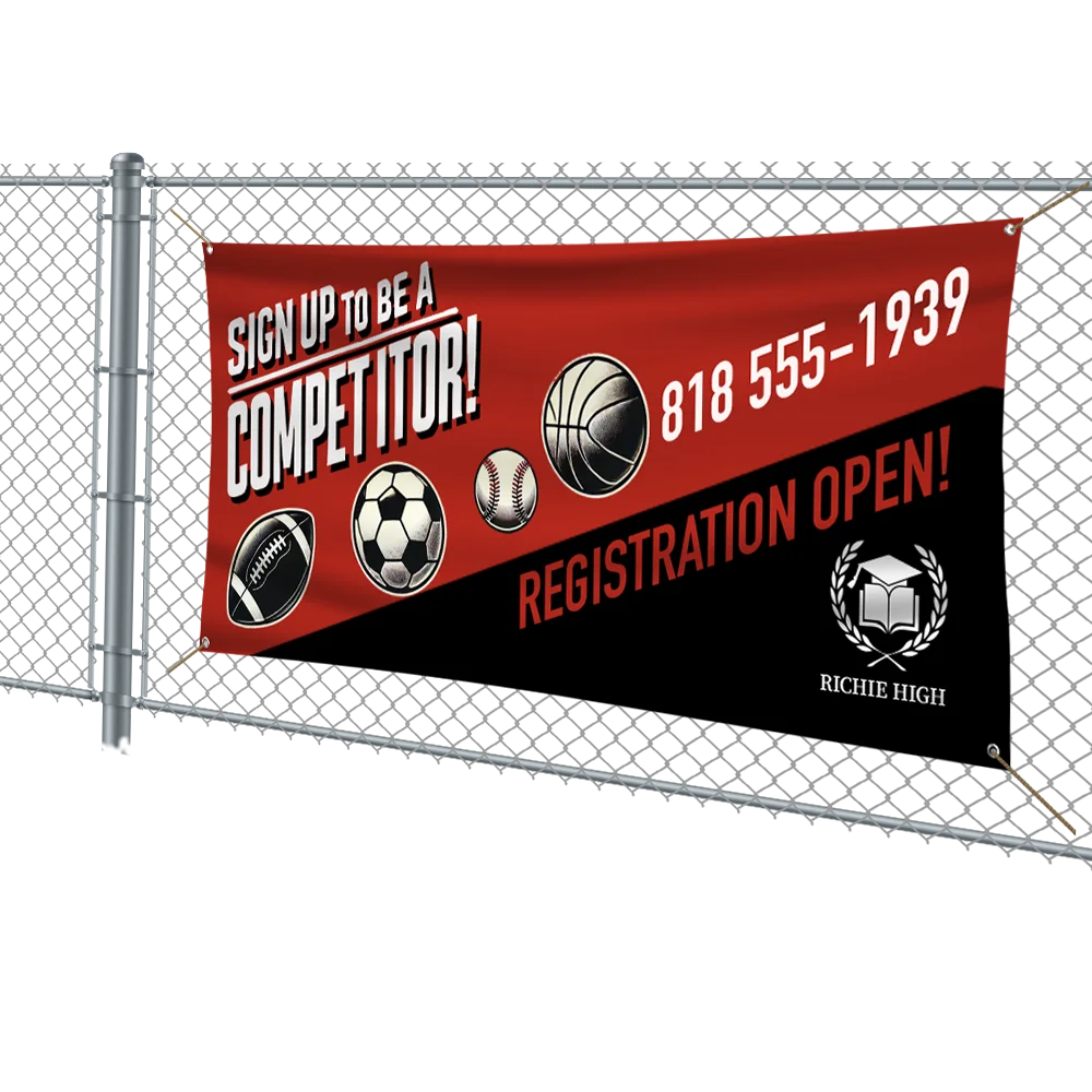 Sample vinyl banner hung on a fence, printed by RB Printing & Marketing