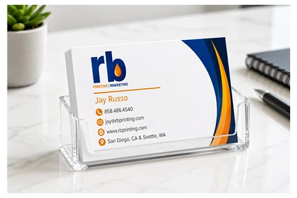 RB Printing & Marketing business cards displayed in a card holder