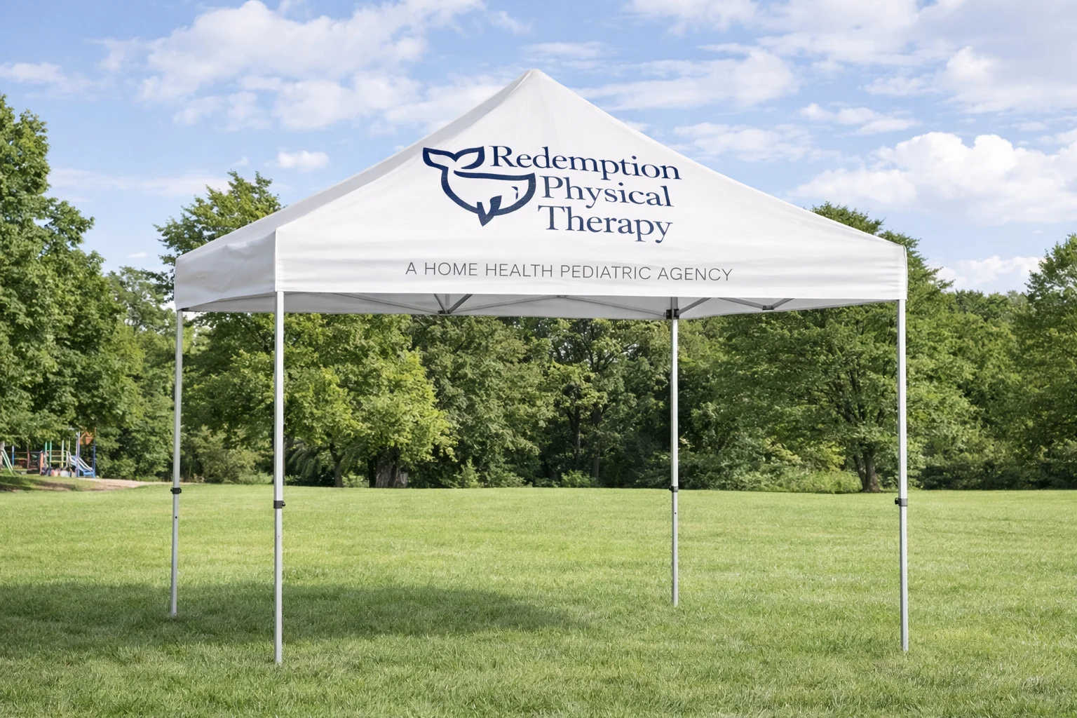 Branded 10x10' canopy tent set up outdoors, printed by RB Printing & Marketing