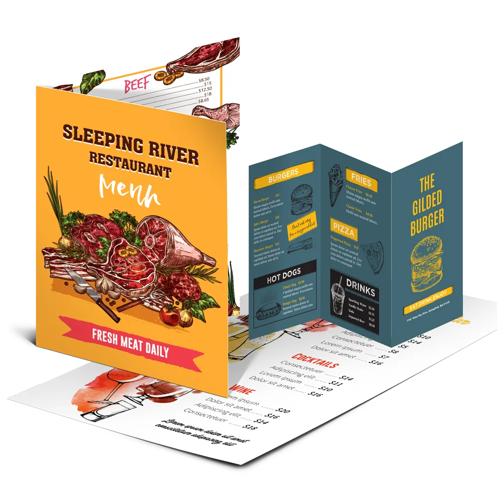 Sample restaurant table tent menu printed by RB Printing & Marketing